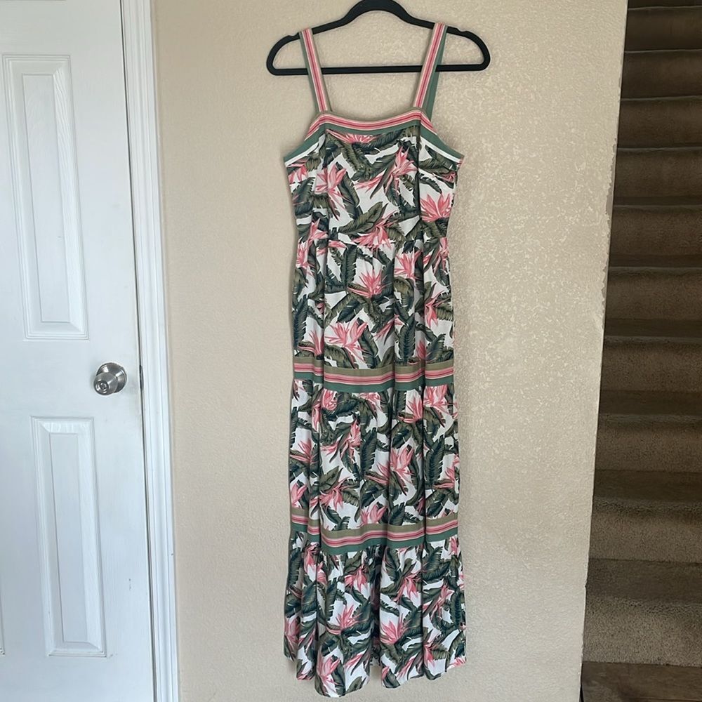 LOFT Paradise Tiered Maxi Dress Green Pink Floral Palm Leaf Linen Blend Size 4